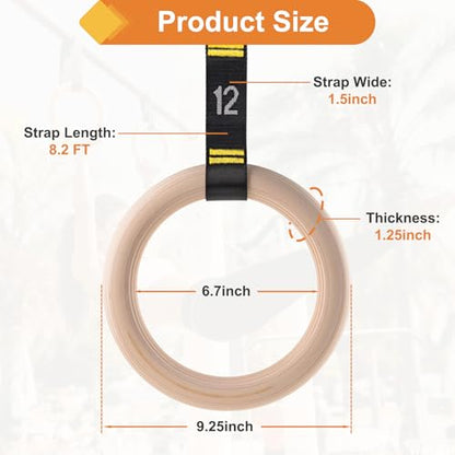 Wooden Gym Rings, 9ft Numbered Double-Layer Quick Adjust Straps | Sturdy wooden gymnastic rings build upper body and core strength for daily bodyweight fitness and muscle shaping routines