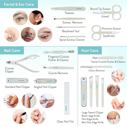 Éclat Manicure Pedicure Kit for Men & Women, 18Pcs Finger & Toe Nail Care Tools Includes Nail Clipper Cutter, Tweezer, File, Cuticle Pusher, Personal Care Professional Grooming Set With Travel Case - color: Large Mani+pedi Set (18pc Cream)