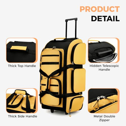Searock 90L Rolling Duffle Bag with Wheels and Handle, 31” Large Duffle Bag for Travel, Carry On Luggage Duffel Bag with Shoe Compartment, Multi-Pocket, Water Resistant, Yellow - color: Yellow