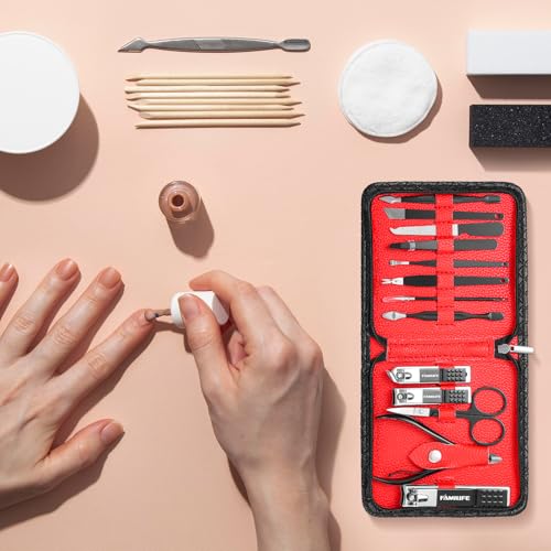 FAMILIFE Nail Kit, Professional Manicure Set Manicure Kit Nail Clipper Set, 13 in 1 Stainless Steel Pedicure Sets Clipper Tool, Men Grooming Tool with Portable Black Leather Travel Case for Him - color: Black