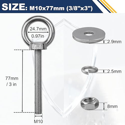 4 Pack M10 Stainless Steel Eye Bolts with Nuts,3/8" x 3" Eye Bolts | 304 Stainless Steel Eye Bolt,Eye Bolts Heavy Duty for Hang Tie Down Outdoor,3/8 eye bolts with nuts,m10 eye bolts - size: M10x77mm (3/8"x3")