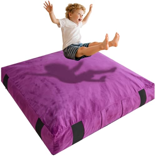 AceSoul Crash Pad, 4 x 4 Ft / 5 x 5 Ft Crash Pad for Kids Sensory with Shredded Foam Filling, Crash Mat for Play with Anti-Slip Bottom, Removable Washable Cover - color: Purple, size: 5x5 Feet