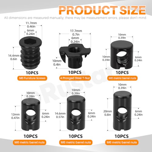 60Pcs M6 Black Zinc Barrel Nuts Four-jaw Tee Nuts and Threaded Insert Assortment Kit Metric Cross Dowels Slotted Nut T Nut Wood Inserts Bolt for Wood Furniture Beds Crib Chairs - style: 60pcs black nuts assortment kit