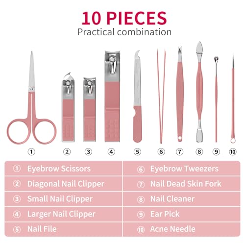 ZIZZON Travel Mini Manicure Set Nail Clipper Set 10 in 1 Stainless Steel Pedicure Care Grooming kit with Case Pink - color: Pink