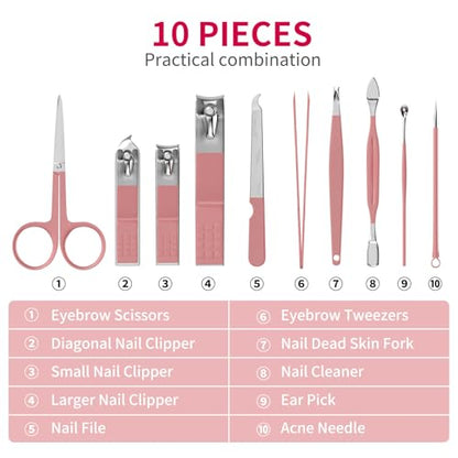 ZIZZON Travel Mini Manicure Set Nail Clipper Set 10 in 1 Stainless Steel Pedicure Care Grooming kit with Case Pink - color: Pink