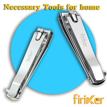 firiKer 2PCS Stainless Steel Nail Clippers,Professional Fingernail Clipper and Toenail Clipper, Wide Easy Press Lever Nail Cutter with Swing Out Nail Cleaner/File for Men and Women - color: Silver
