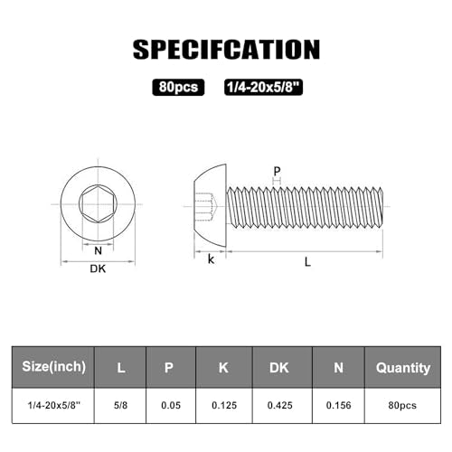 VGBUY 80Pcs 1/4-20 x 5/8" Button Head Socket Cap Bolts Screws, 304 Stainless Steel 18-8, Allen Hex Drive, Bright Finish, Fully Threaded, Hex Spanner Included (VG30303) - color: Silver, size: 1/4-20 x 5/8"