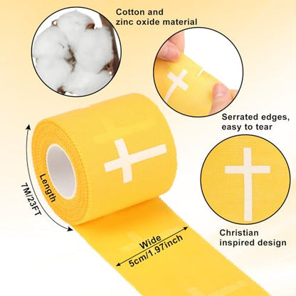 MiniInflat 2 Pcs Christian Cross Athletic Tape Sports Tape 2in x 23ft Religion Jesus Wrist Wrap for Soccer Football Baseball, Gift for Graduation Teacher Nurses Week Pentecost(Yellow,Crosses) - color: Yellow, style: Cross