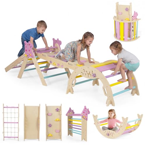 HONEY JOY Pikler Triangle Set, 9 in 1 Foldable Wooden Triangle Climber w/Arch, Ramp, Climbing Rope & Ladder, Baby Indoor Playground Jungle Gym, Montessori Climbing Toy for Toddlers (Purple) - color: Purple
