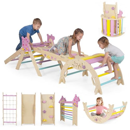 HONEY JOY Pikler Triangle Set, 9 in 1 Foldable Wooden Triangle Climber w/Arch, Ramp, Climbing Rope & Ladder, Baby Indoor Playground Jungle Gym, Montessori Climbing Toy for Toddlers (Purple) - color: Purple