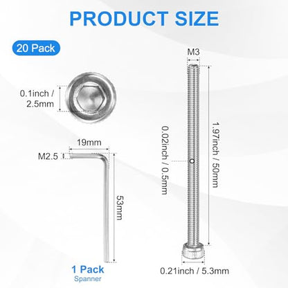 M METERXITY 20-Pack M3 x 50mm Socket Head Cap Screws, 304 Stainless Steel Hex Machine Bolts, Allen Socket Drive Screw with Hex Wrench for Repair/DIY, Fully Threaded Fasteners Kit [Silver] - size: M3 x 50mm