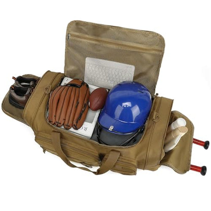 TUGUAN Large Baseball Softball Duffle Bag, 3 in 1 Baseball Equipment Duffel Backpack for Adult Youth, 65L Bat Bag with Shoes Compartment - 2 Bat Sleeves Fence Hook Hidden Dual Straps - color: Brown