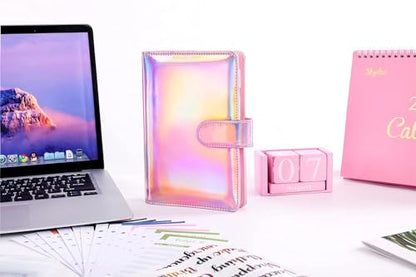 SKYDUE Budget Binder with Cash Envelopes, Purple, A6 Size, 6-Hole, 20-Page Capacity, 8 Dividers, Faux Leather - color: Laser Pink