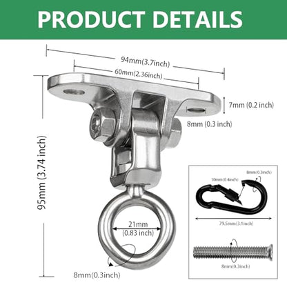 Swing Hanger Heavy Duty 360° +180° Smooth Rotation Swing Set Accessories 900Lb Capacity Playground Porch Swing Set Indoor Outdoor - size: 3.74"
