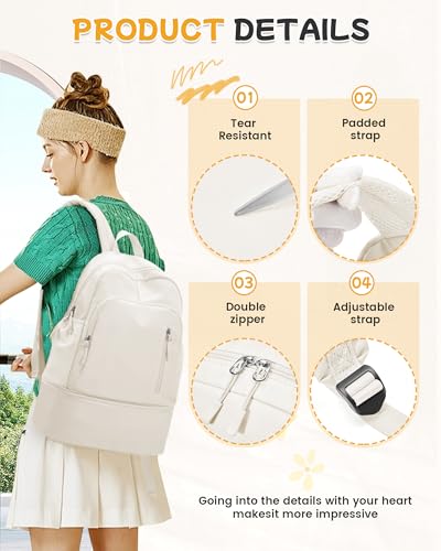 BJLFS Gym Backpack for Women Foldable Outdoor Weekender Gym Bag with Shoe Compartment & Wet Pocket, Waterproof Sports Backpack, Dance Back Pack & Yoga Track Bag-Beige - color: White