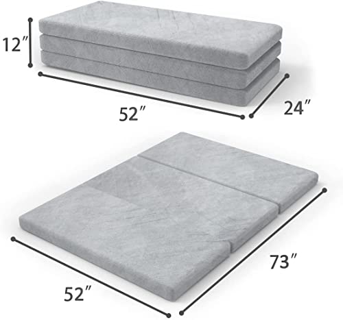 SINWEEK Tri Folding Mat with Storage Bag 3.8" Foldable Topper Foam Topper Floor Cot, Guest mat with Machine Washable Cover, CertiPUR-US Certified 52 x 73 Inch - size: SF (52 x 73 Inch), style: High Support Foam