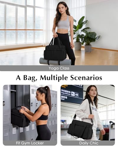 Small Gym Bag, Mini Gym Bag with Yoga Mat Holder & Wet Compartment, Black | Yoga Mat Bag, Water Bottle Pocket, Detachable and Adjustable Shoulder Strap, Mini Duffle Bag for Workout Travel Dance - color: Puffer Black
