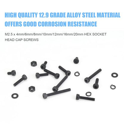 DYWISHKEY 566 Pieces M2.5 Black Screws, 12.9 Grade Alloy Steel M2.5X 4/6 /8/10 /12/16 /20mm Hex Socket Head Cap Screws Bolts Nuts Washers Assortment Kit - size: M2.5, style: Socket Head
