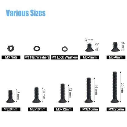 DYWISHKEY 566 Pieces M3 Black Screws, 10.9 Grade Alloy Steel M3x 5/6 /8/10 /12/16 /20mm Countersunk Head Socket Cap Screws Bolts Nuts Washers Assortment Kit - size: M3, style: Countersunk Head Socket Cap