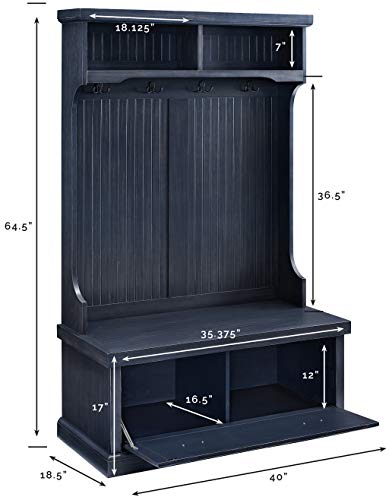 Crosley Furniture Seaside Hall Tree with Shoe Rack Bench and Coat Hooks for Hanging Storage, Distressed Navy - color: Distressed Navy, style: Hall Tree