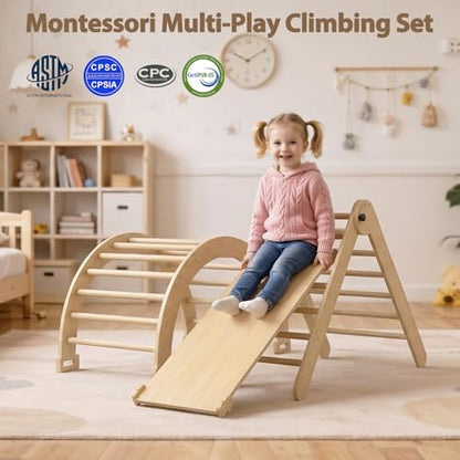 Large Pikler Triangle Set, 7-in-1 Toddler Climbing Toys Indoor, Wooden Montessori Climbing Set with Arch Ramp Ladder, Foldable Baby Jungle Gym Playground (Wood Natural) - color: Nature Wood
