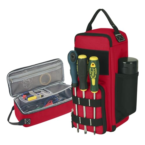 12.6" Heavy Duty Small Tool Bag Pouch for Men with Multiple Pockets,Red | 1680D,Zipper,Portable Handle,Ideal for EDC,Motorcycles,Electricians;Stores Screwdrivers,Wrenches,Multimeters and Other Tools - color: Red