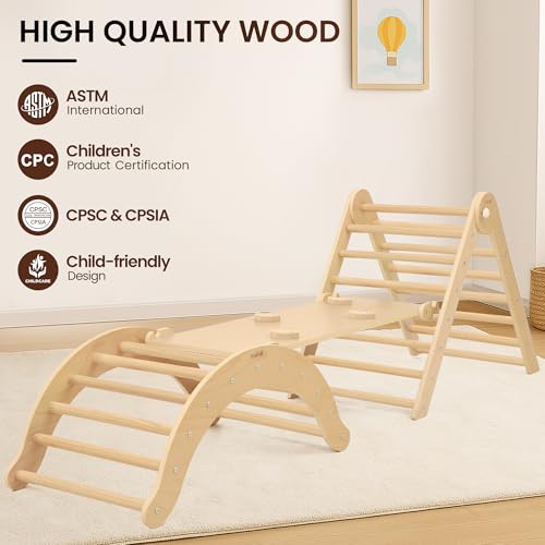 Belleur 7-in-1 Climbing Toys for Toddlers 1-3 Years Old, Foldable Wooden Pikler Triangle Set Indoor, Montessori Climbing Set with Arch, Ramp & Ladder - Natural - color: Natural