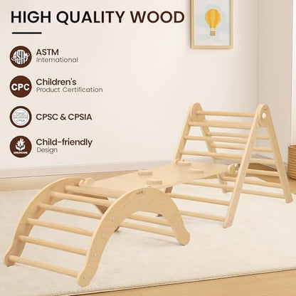 Belleur 7-in-1 Climbing Toys for Toddlers 1-3 Years Old, Foldable Wooden Pikler Triangle Set Indoor, Montessori Climbing Set with Arch, Ramp & Ladder - Natural - color: Natural
