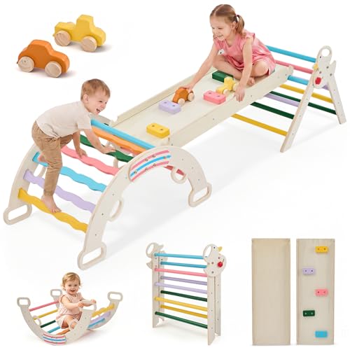 Pikler Triangle Set, 7-in-1 Foldable Montessori Climbing Toys for Toddlers, Wooden Indoor Playground with Arch, Slide Ramp & Ladder, Toddler Jungle Gym for Motor Skills, Multicolored - color: Multicolored