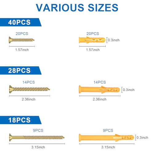 Aovchei Drywall Anchors Kit, 86pcs, 43 Plastic Drywall Anchors and 43 Philips Flat Head Screws, 3 Size #8 * 40#8 * 60#8 * 80, Wall Hanging Kit for Hanging Picture Frame, Shelf Brackets, Curtain Rod - size: #8*40 #8*60 #8*80