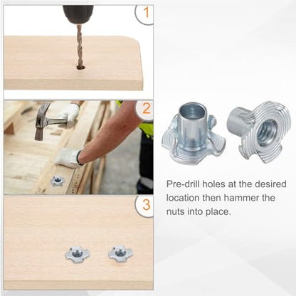 HARFINGTON 1/4x6mm T-Nuts 4 Pronged Tee Nut 0.69" x 0.24" Half Thread Carbon Steel Inserts for Wood, Rock Climbing Holds, Cabinetry, Furniture 50pcs - size: 1/4" x 0.24" x 0.69" x 0.24"