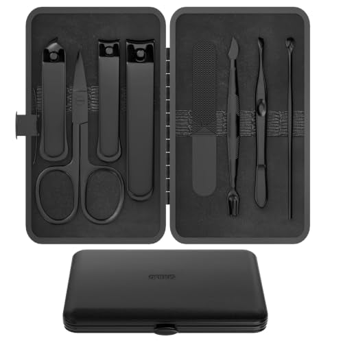 Precision 8 Pieces Men’s Nail Grooming Travel Kit, Stainless Steel Manicure Set with Fingernail & Toenail Clippers, Nail File, Slant Tip Tweezers, Cuticle Scissors, Cuticle Pusher, Travel Case