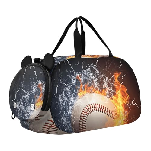 Kids Sports Duffel Bag for Boys & Girls - Baseball on Fire 100% Polyester Gym Bag with Separate Shoe Compartment, Adjustable Shoulder Strap, Compact Travel & Workout Gear Bag - color: Baseball on Fire