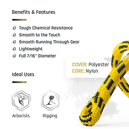 Pelican Rope 24-Strand 7/16 in (11 mm), USA Made Arborist Rope - 5,400 lb MBS - Static Climbing Rope - Lightweight - Arborist-24™ - 120 Ft - Tight Spliced Eye - Yellow Black - size: 120 ft, style: Tight Spliced Eye