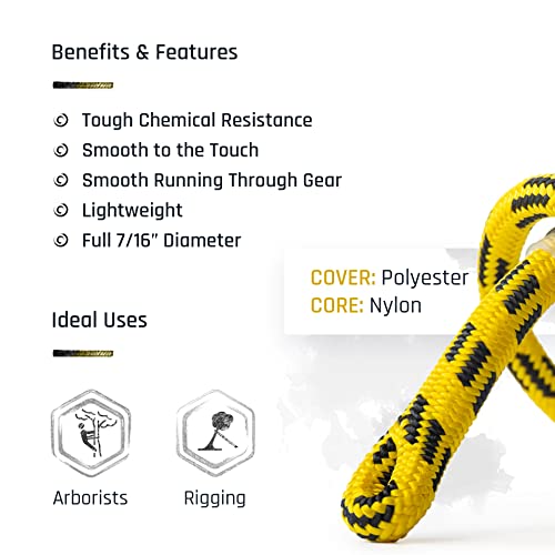 Pelican Rope 24-Strand 7/16 in (11 mm), USA Made Arborist Rope - 5,400 lb MBS - Static Climbing Rope - Lightweight - Arborist-24™ - 150 Ft - Tight Spliced Eye - Yellow Black - size: 150 ft, style: Tight Spliced Eye