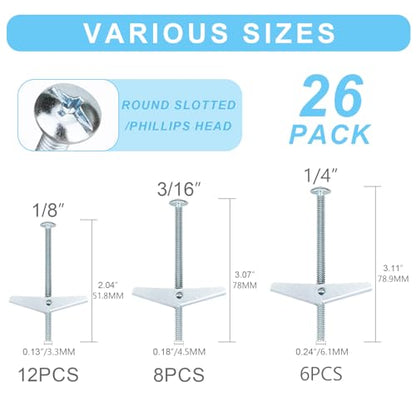 26 Sets 3 Size Toggle Bolts Heavy Duty Metal Drywall Anchors Kit | Toggle Bolts and Wing Nuts Set, Hollow Anchors Bolts Screws for Hanging Lamps Heavy Items 1/8" 12pcs, 3/16" 8pcs, 1/4" 6pcs - size: 3 Size Kit-52pcs(26sets)