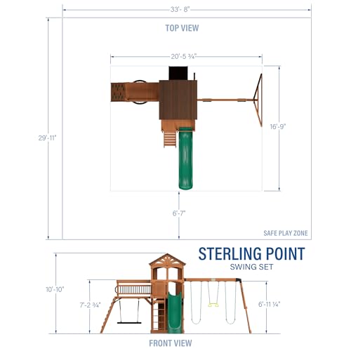 Backyard Discovery Sterling Point Cedar Wood Swing Set with Wave Slide, Raised Clubhouse, Wooden Bridge, Rock Wall, Belt Swings, Web Swing, Trapeze, Balcony, Climbing Wall, Ladder, Outdoor Playset - color: Green Slide, style: Cedar