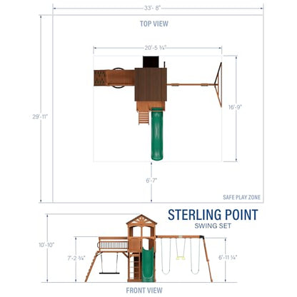 Backyard Discovery Sterling Point Cedar Wood Swing Set with Wave Slide, Raised Clubhouse, Wooden Bridge, Rock Wall, Belt Swings, Web Swing, Trapeze, Balcony, Climbing Wall, Ladder, Outdoor Playset - color: Green Slide, style: Cedar