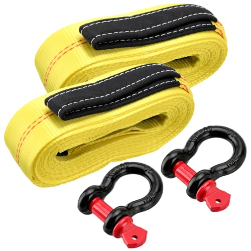 Pindex 2 Pack 2" x 20' Upgrade Web Lifting Sling & 1/2" D Ring Shackle 13000 Lbs Breaking Force 3500 Lbs Pulling Forces Lift Sling Straps for Rocks Trees Mowers Tool in Trailer Tractor Truck,Yellow - size: 2" x 20' & Ring Shackle