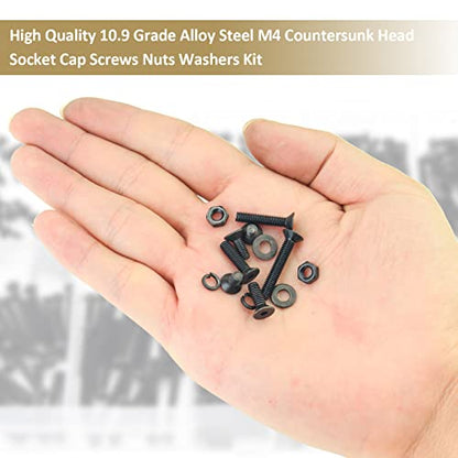 382 Pieces Black M4 x 6/8 /10/12 /16/20 /25mm Countersunk Head Socket Cap Screws Nuts Washers Assortment Kit, 10.9 Grade Alloy Steel - size: M4, style: Countersunk Head