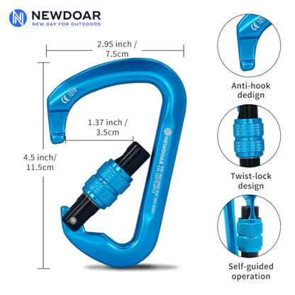 NewDoar CE Certified 30kN-6744lbs Climbing Carabiner Professional, Heavy Duty D Screwgate Clip, for Climbing,Rappelling,Hunting, Rescue - color: Screwgate/Blue/2pcs