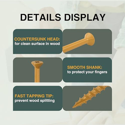 T.K.Excellent Deck Screws 3 Inch Wood Screws #10 x 3, 315 Pcs, Rust Resistant Structural Screws Tan Exterior Fence Screws Torx Drive Screw, Two T25 Bits, Brilliant Yellow Ruspert Coating Rust Proof - size: #10×3
