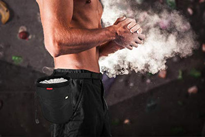 Rhino Valley Climbing Chalk Bag, No Leak Drawstring Chalk Bag with Adjustable Belt, Carabiner Clip and Zippered Pockets Chalk Bag for Rock Climbing, Cross Fit, Weight Lifting & More - color: Black