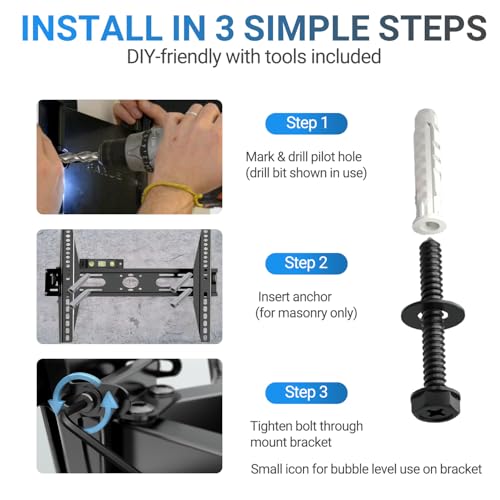 20PCS TV Wall Mount Hardware Kit, M8 Lag Bolts with Anchors & Washers, Mounting Screws Set with Allen Key & Bubble Level for Wood Stud, Concrete & Drywall - size: 20P