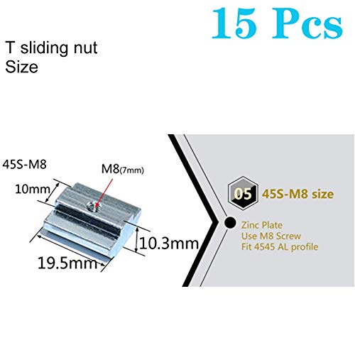 15pcs 4545 Series Sliding T Nuts Metric M8 Thread Slide in Hammer Head T-Nut for Standard 10mm T-Slot Aluminum Extrusion Profile （4545 Series M8） - size: 4545 Series M8