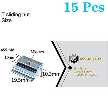 15pcs 4545 Series Sliding T Nuts Metric M8 Thread Slide in Hammer Head T-Nut for Standard 10mm T-Slot Aluminum Extrusion Profile （4545 Series M8） - size: 4545 Series M8