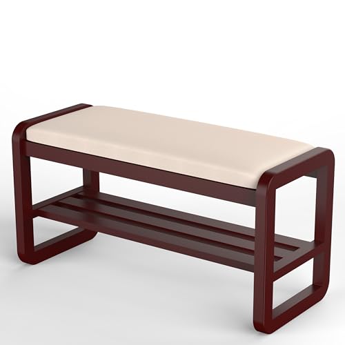Solid Wood Shoe Rack, 2 Tier Shoe Storage Bench with Cushion Seat, 10 Pair Shoe Organizer for Entryway, Walnut, 39 Inch - color: Walnut, size: 39.37*14.17*16.54