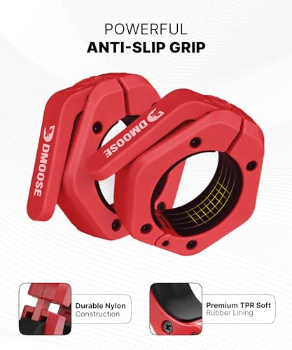 DMoose Fitness Barbell Clips 2 Inch (Pair) - Quick Release Olympic Barbell Clamps & Collars with Anti Slip TPR Grip for Secure Weightlifting and Powerlifting - Weight Clips for Bars at Home or Gym - color: Red, style: Non Magnetic