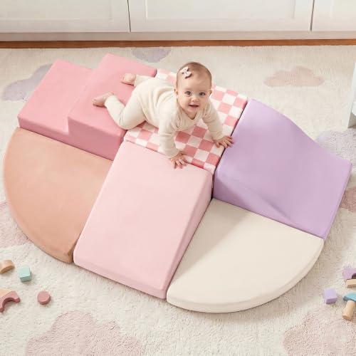 Tiny Land Soft Foam Climbing Blocks for Toddlers, 6-Piece Foam Blocks | Indoor Playground Baby Climbing Toys, Ideal Gift for Kids Activity Crawling and Sliding Foam Play Set (Pink Pastel) - color: Pink Pastel