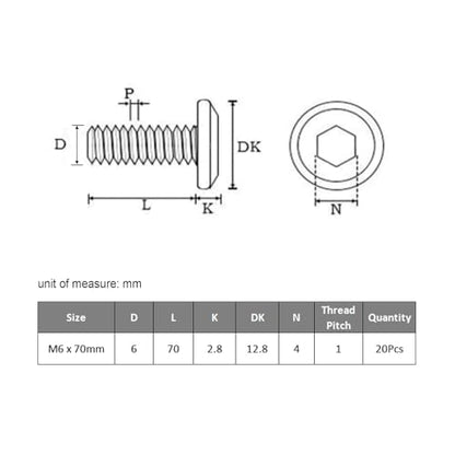 VGBUY M6-1 x 70 mm 20pcs Flat Head Hex Socket Cap Screws Metric M6 Bolts, 304 Stainless Steel 18-8, Black Zinc Plated, Full Thread, with Hex Spanner - size: M6 x 70mm(20pcs)